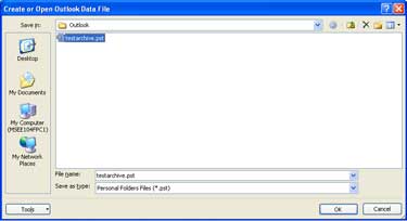 Screenshot of Create or Open Outlook Data File window.