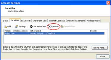 Screenshot of Account Settings - Data Files management window in Outlook.