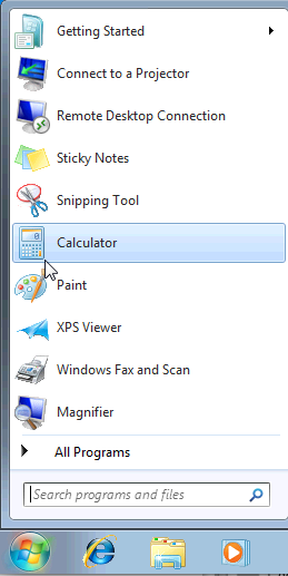 Start->Search programs and files