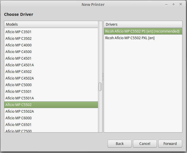 Linux Mint printer model and driver selection screen 