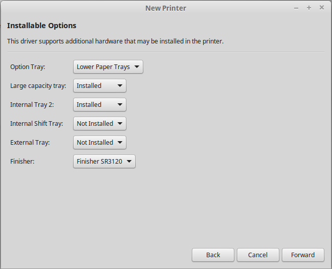 Linux Mint installed printer options picker