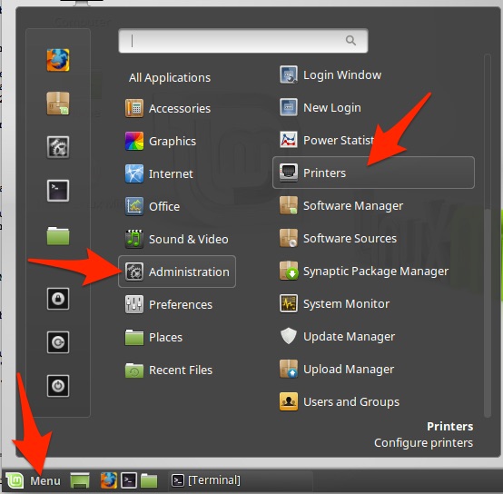 Linux Mint Cinnamon menu with administration and printers options highlighted