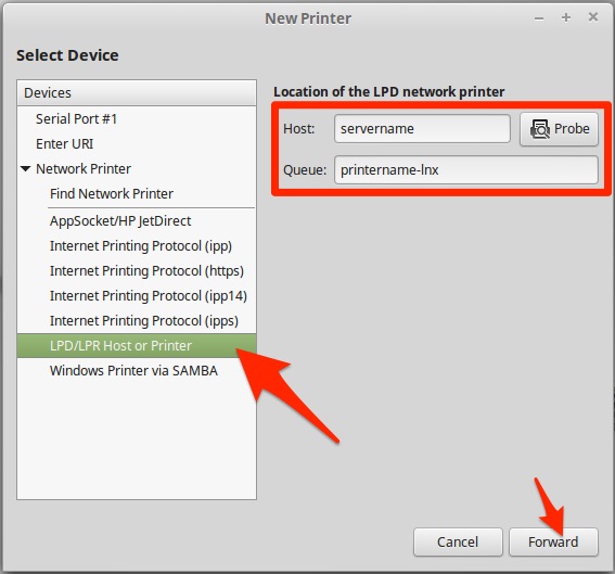 Linux Mint new printer dialog box