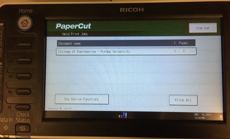 PaperCut embedded software print release screen