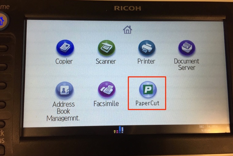 Ricoh printer touchscreen interface with PaperCut icon highlighted