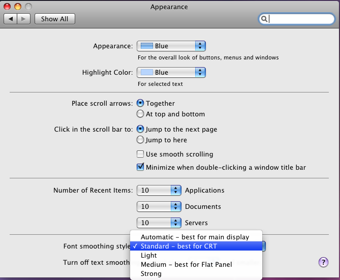 Screenshot of Font Smoothing Style window.