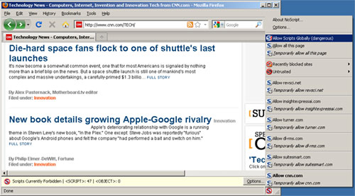 A screenshot of CNN loaded on firefox, with NoScripts option dialog shown.