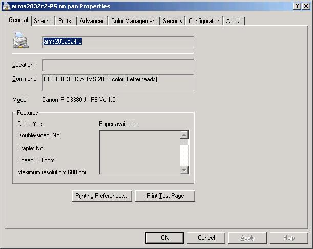 arms2032-PS printer properties