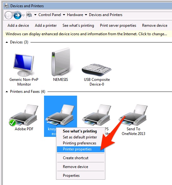 Windows 7 printer right click menu with printer preferences highlighted