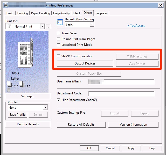 Toshiba printer preferences menu with SNMP Communications box unchecked 