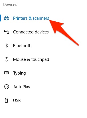 Windows 10 Devices list with Printers & Scanners highlighted