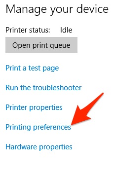 Windows 10 printer management with print preferences link highlighted