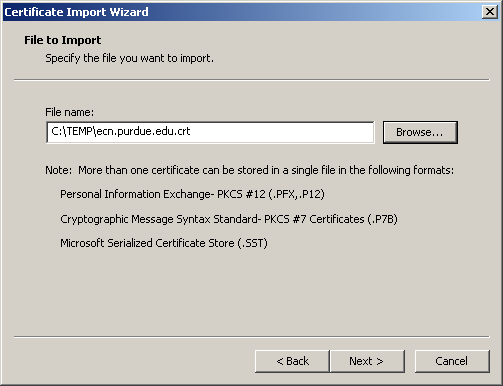 Certificate Import Wizard - File to Import window.