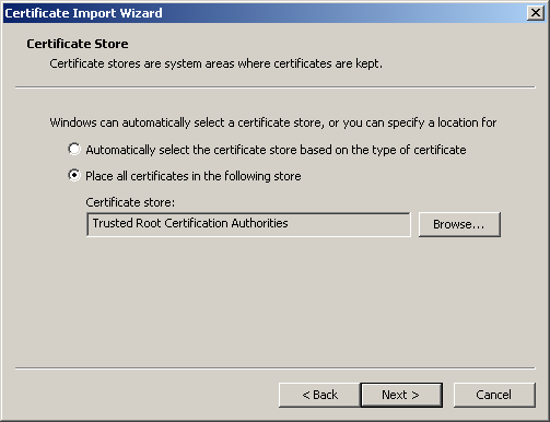 Certificate Import Window - Certificate Store window.
