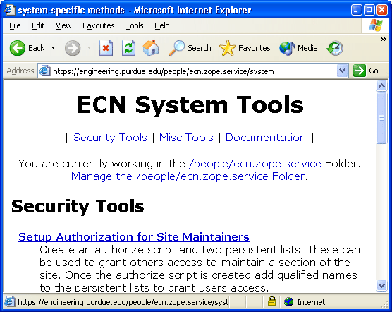 Screenshot of the ECN System Tools page.