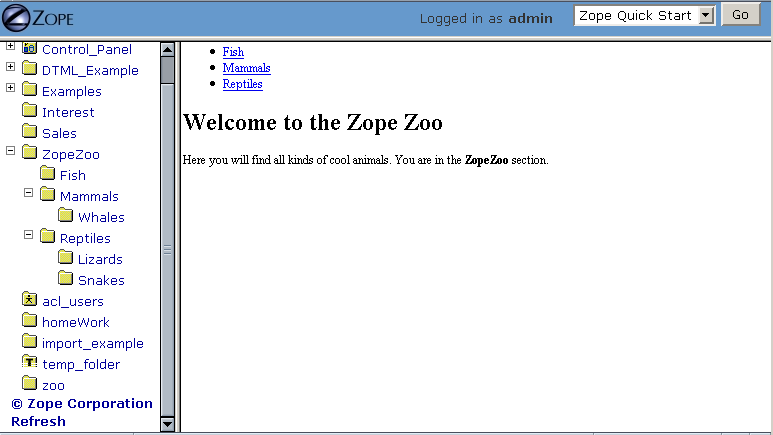 Zope Zoo front page.
