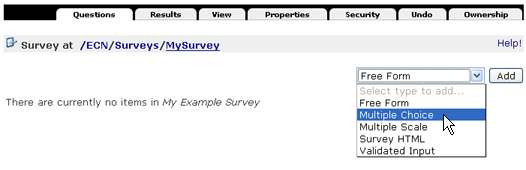 Screenshot of adding a question to a survey in Zope.
