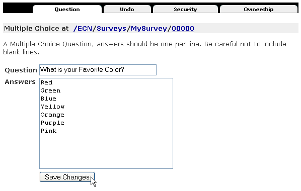 Screenshot of editing a question in a survey in Zope.