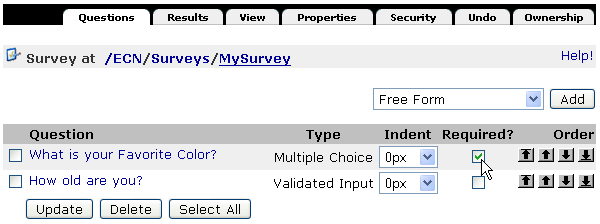 Screenshot of a survey question in Zope that is marked as required.