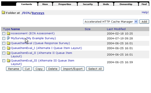Screenshot of Surveys folder in Zope.