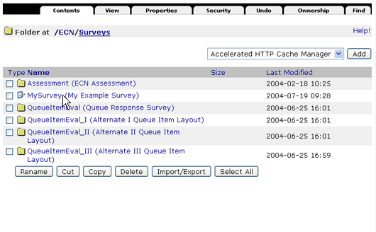 selectSurvey.png Screenshot of Surveys folder in Zope.