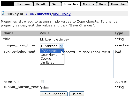 Screenshot of available edit options for editing a question in a survey in Zope.