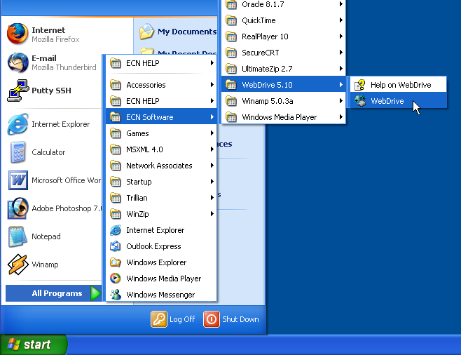 Screenshot of selecting WebDrive in Windows.