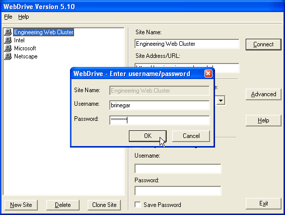 Screenshot of WebDrive username/password window.