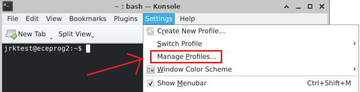 Red box highlighting the Manage Profiles menu item. A red arrow is pointing at the red box