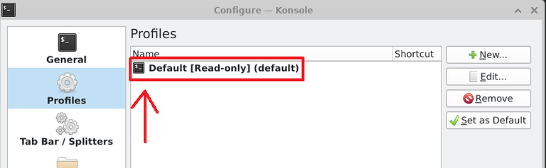A red arrow is pointing towards a red box around a Profile named Default with Read only in square brackets behind that and default in parentheses behind that.