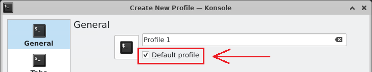A red arrow is pointing towards a red box around a checked box with the name Default profile