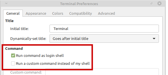 Terminal Preferences window with Command select highlighted with a read rectangle and the "Run command as login shell" button is checked
