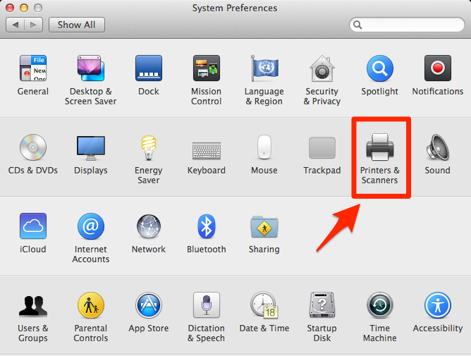 apple system preferences with printers & scanners highlighted