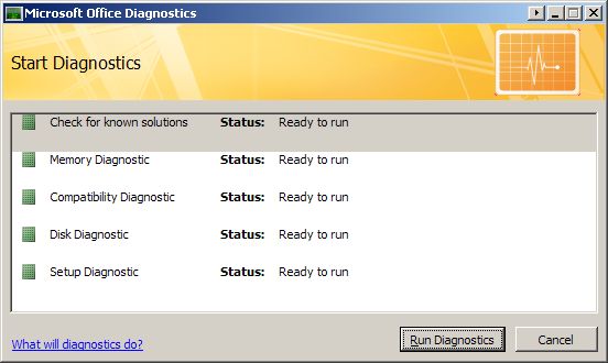 Screenshot of Microsoft Office Diagnostics window.
