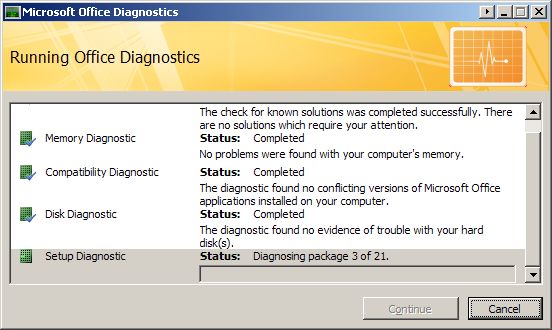 Screenshot of Running Office Diagnostics window in Microsoft Office Diagnostics.