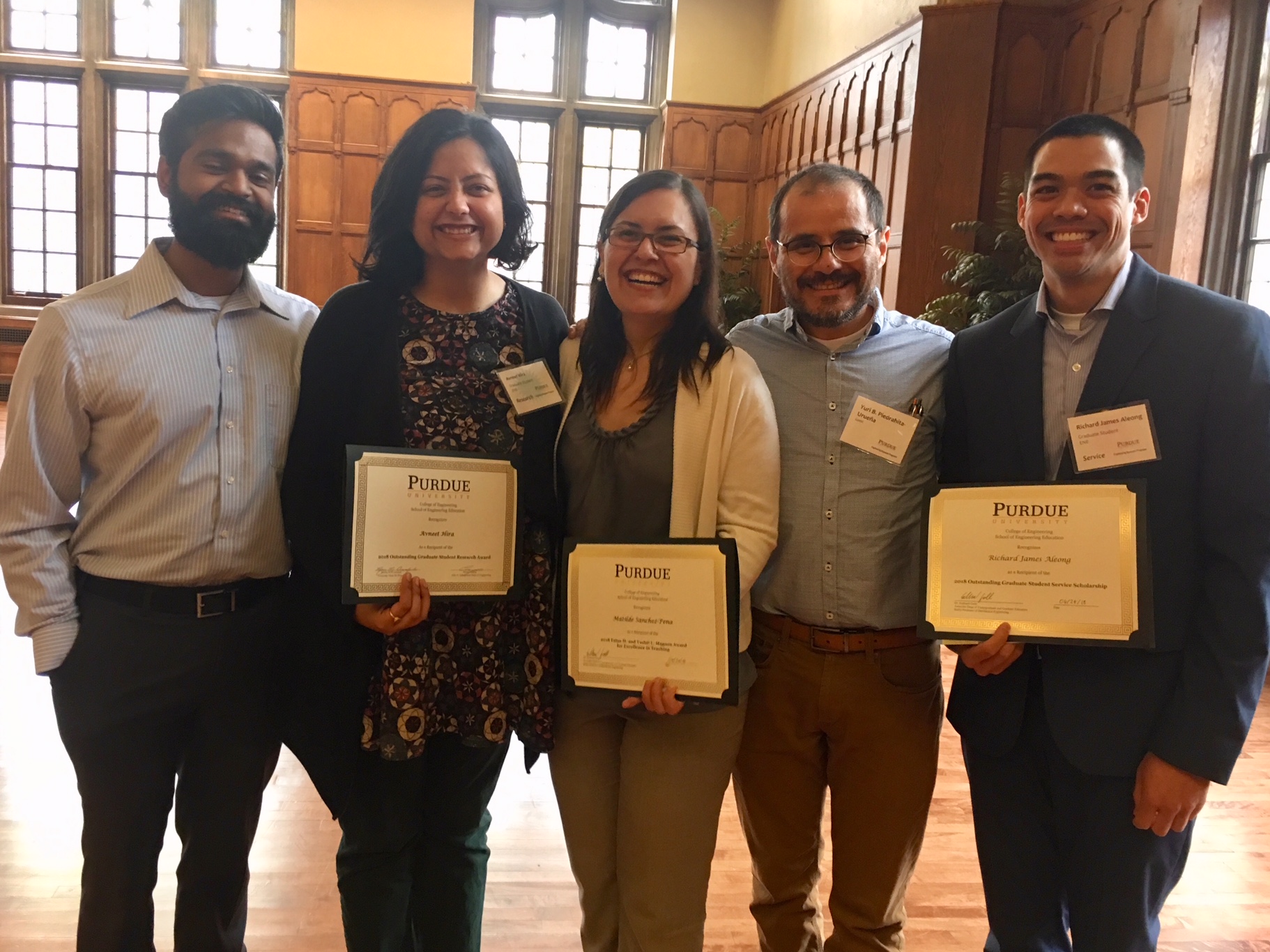 Matilde Sanchez-Pena (center) received this honor for the 2017-18 academic school year. Eligible candidates must have a half-time or more appointment as a graduate instructor or graduate teaching assistant for at least one semester in the past calendar year. Matilde has helped us greatly with the First-Year Engineering course load and we are appreciate her drive to step up and help while balancing her graduate research activities.