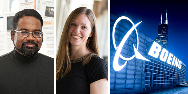 Headshots of Krishna Madhavan and Kerrie Douglas; Boeing Company Sign