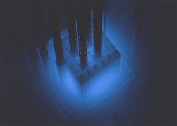 An image of the reactor when it is active with a blue glow