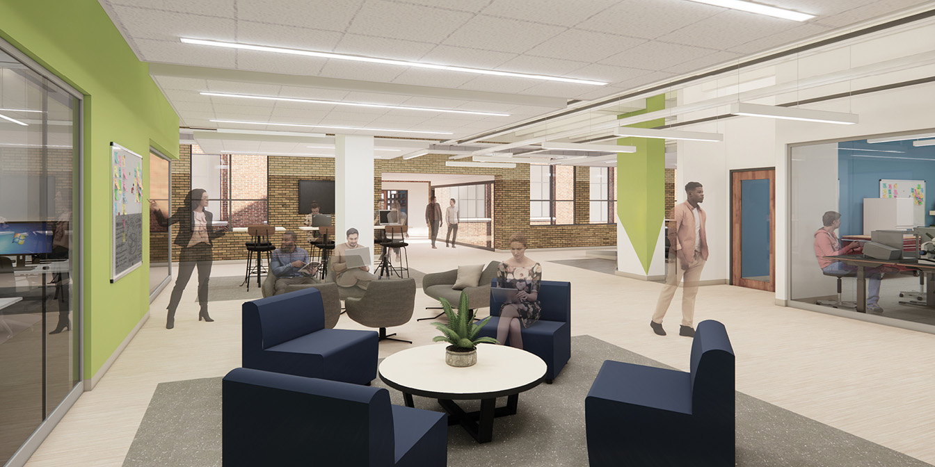 A sitting area with seats and tables