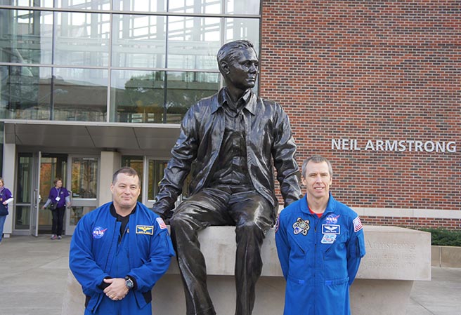 Scott Tingle (left) and Drew Feustel, both Purdue grads, returned to campus in 2012 for Purdue Space Day.