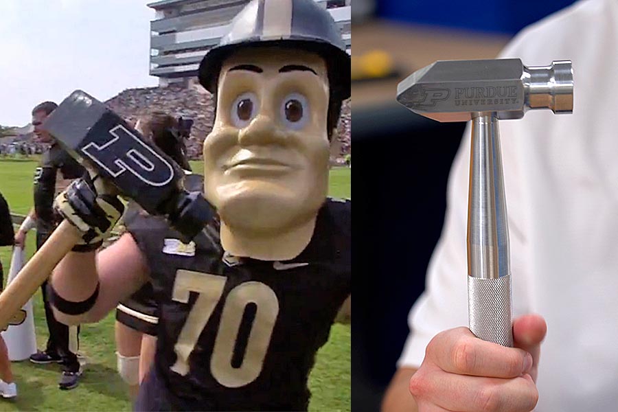 Photo Purdue Pete holding hammer; new ME hammer design modeled after that