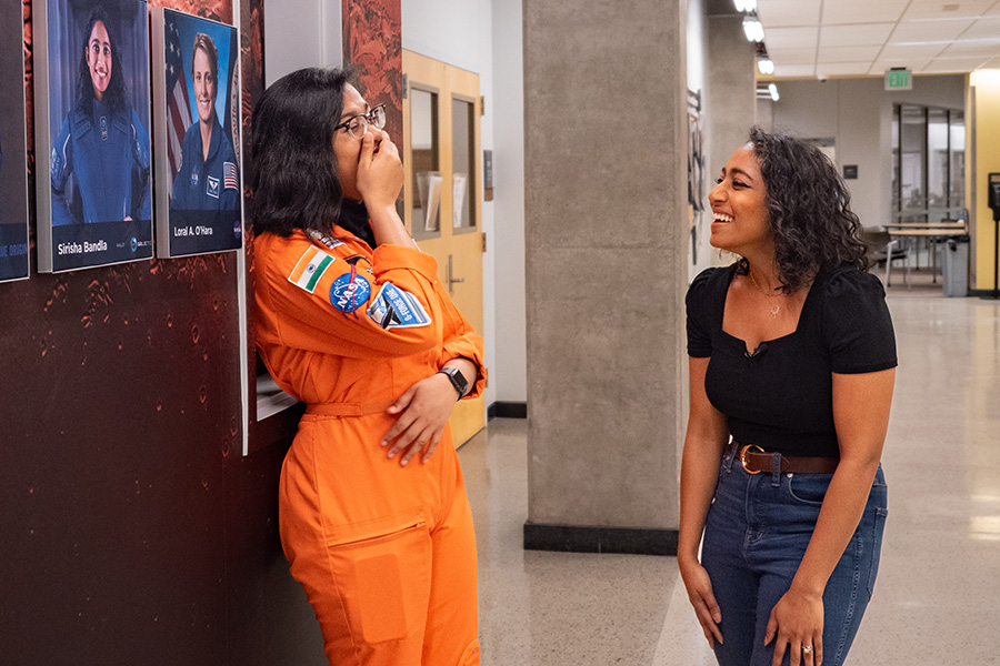 Sirisha Bandla surprising Thendral Kamal near Cradle of Astronauts wall in Armstrong Hall