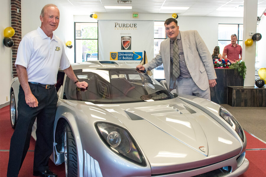Purdue President Mitch Daniels and Tony Keating, CEO of Keating Supercars