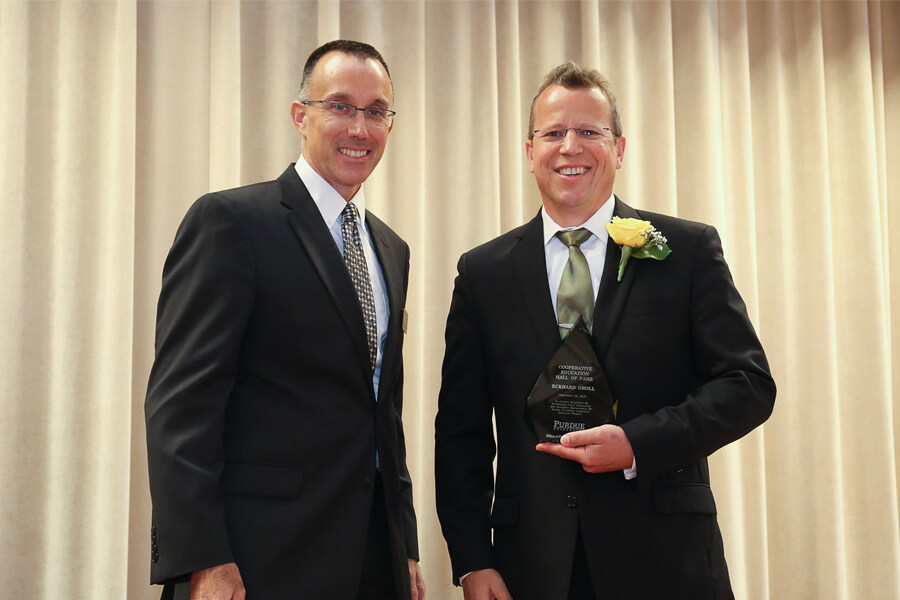 Eckhard Groll, the Reilly Professor of Mechanical Engineering (on right)