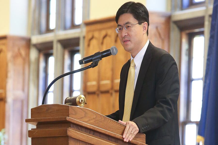 Dean of Engineering Mung Chiang speaks at the annual Co-Op Hall of Fame induction ceremony.