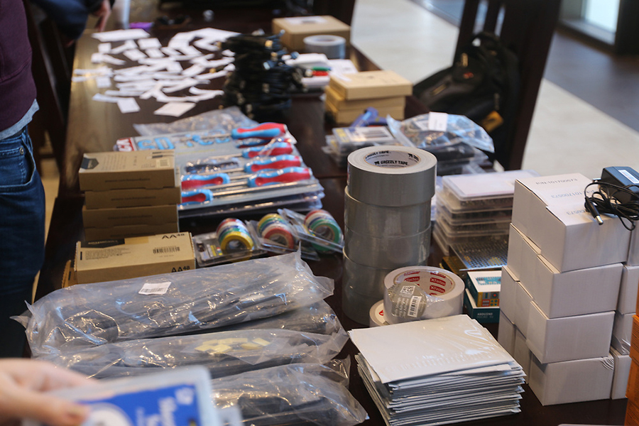 The parts table where students could pick what materials they needed for their products.