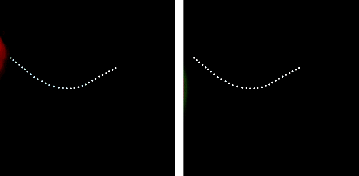 This accelerating light pulse (left) met expectations (right) that it would follow a curved trajectory and emit radiation at the terahertz frequencies of security technology and other sensing applications.