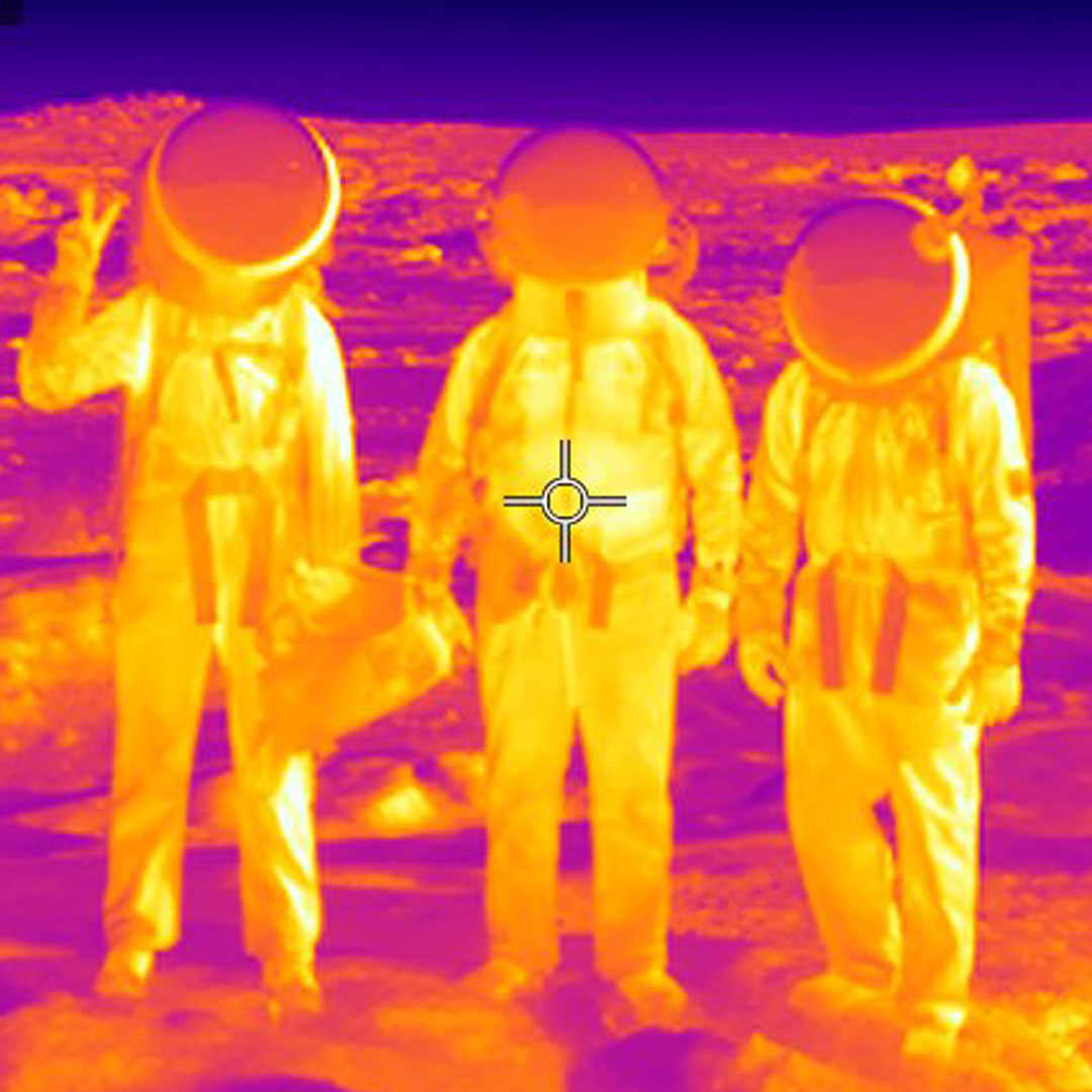 During an extra-vehicular activity -EVA-, the crew journalist (Alexandra Dukes) used a thermal camera to take a picture of the crew members - Kasey Hilton, Denys Bulikhov, Cesare Guariniello -  in front of the Martian Landscape.