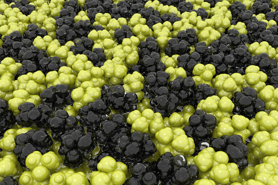 An artistic rendering shows how a high density of transparent radical groups (light regions) enable a polymer to conduct electricity despite non-conducting areas (dark regions).