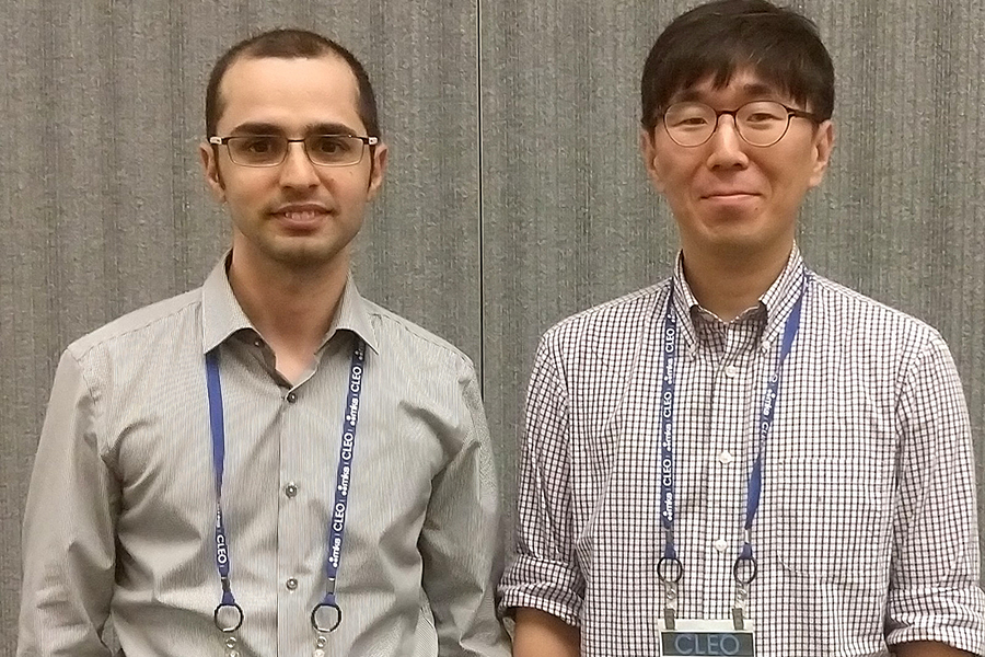 Researchers Saman Jahani (left) of Purdue and Sangsik Kim of Texas Tech University conducted work on a way to reinforce light travel for smaller chip components.